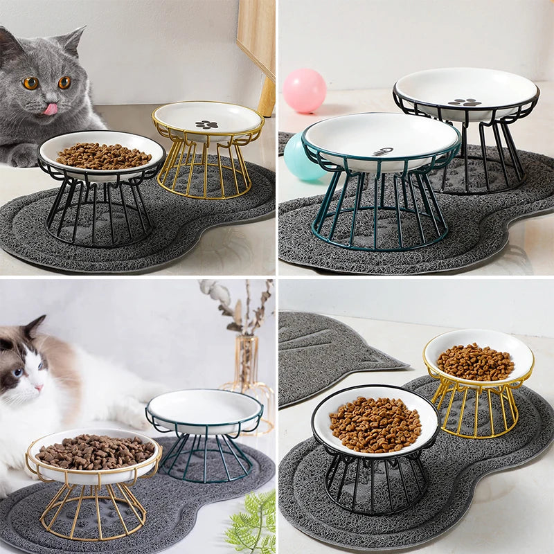 1 Set Pet Ceramic Bowl Iron Rack Cat Food Snacks Canned Plate Anti-Black Chin Anti-Turning Water Does Not Leak Easy To Eat - Nunu Pets